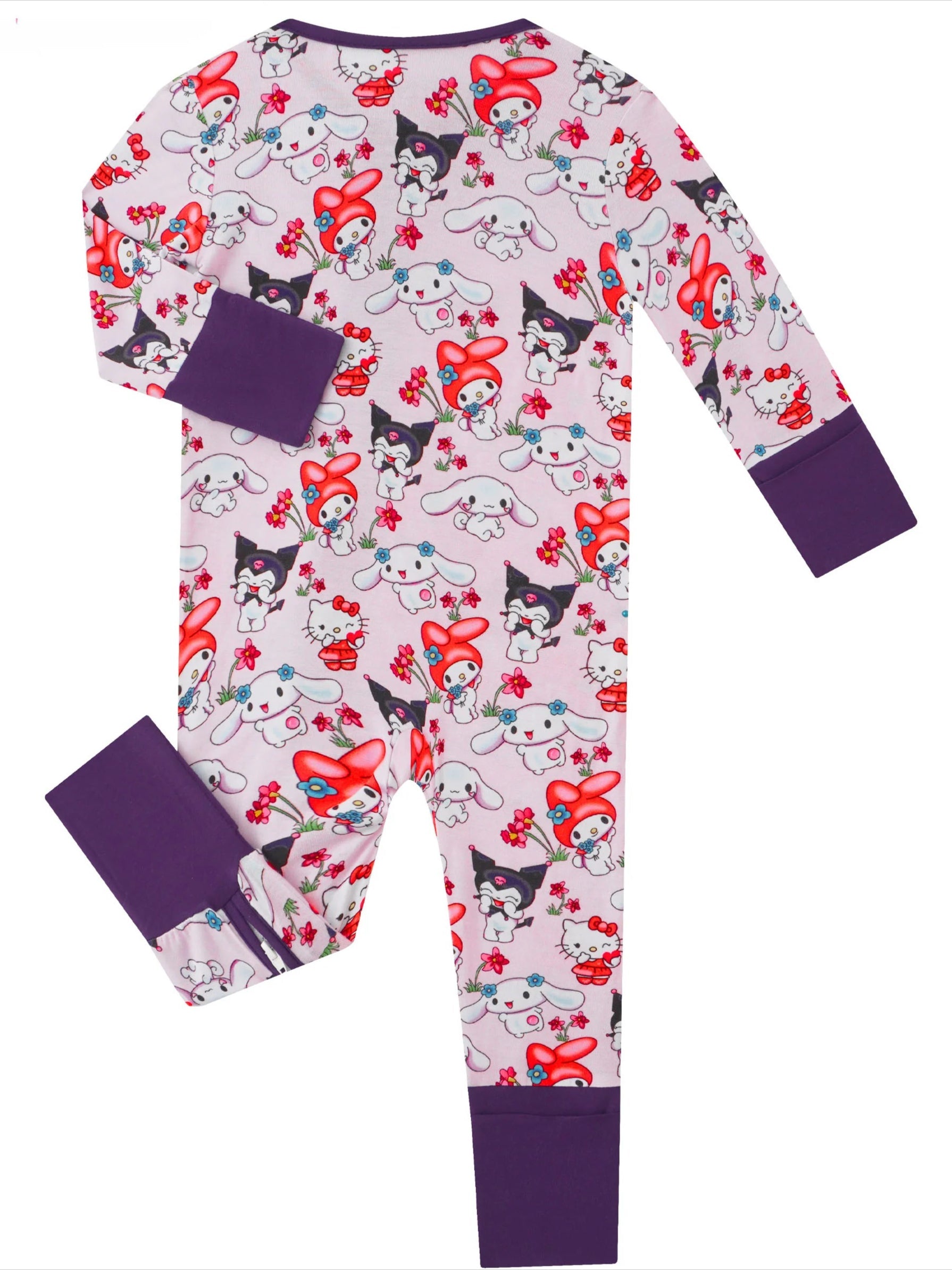 Baby zippy romper with red/white character print, purple cuffs and side zipper