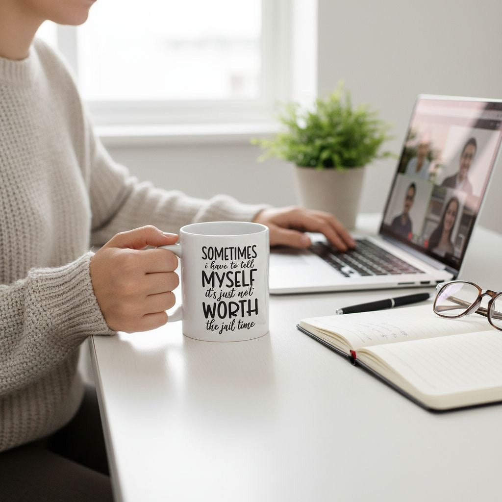 White ceramic coffee mug with “SOMETIMES…MYSELF…WORTH” quote, held near a laptop