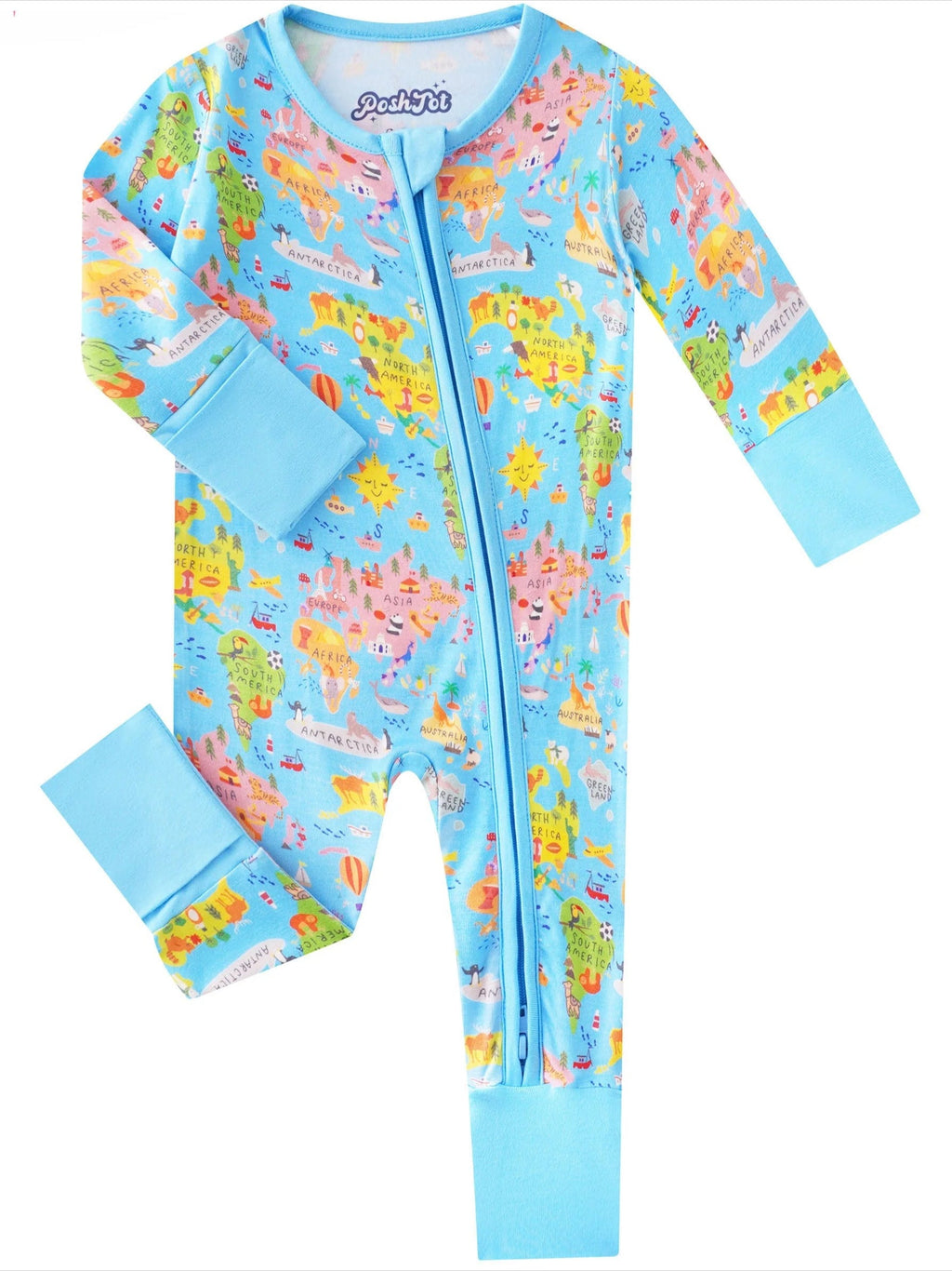 Baby convertible bamboo romper in light blue with world map print and front zipper