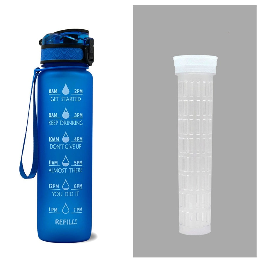 1L time-marker water bottle in blue with motivational schedule and carry strap, black cap