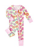 Baby long-sleeve romper with pink zipper and pastel flower print, front view