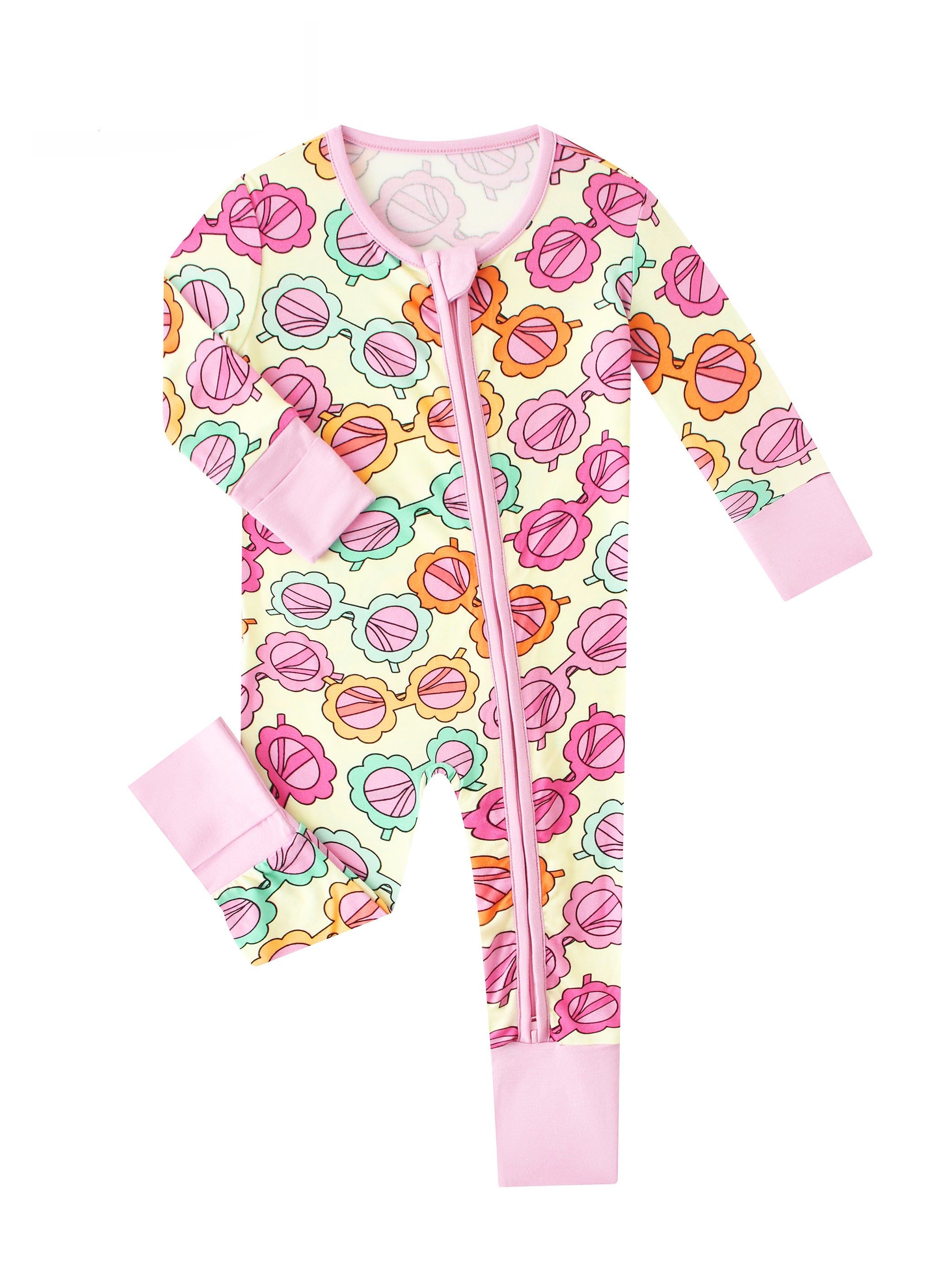 Baby long-sleeve romper with pink zipper and pastel flower print, front view
