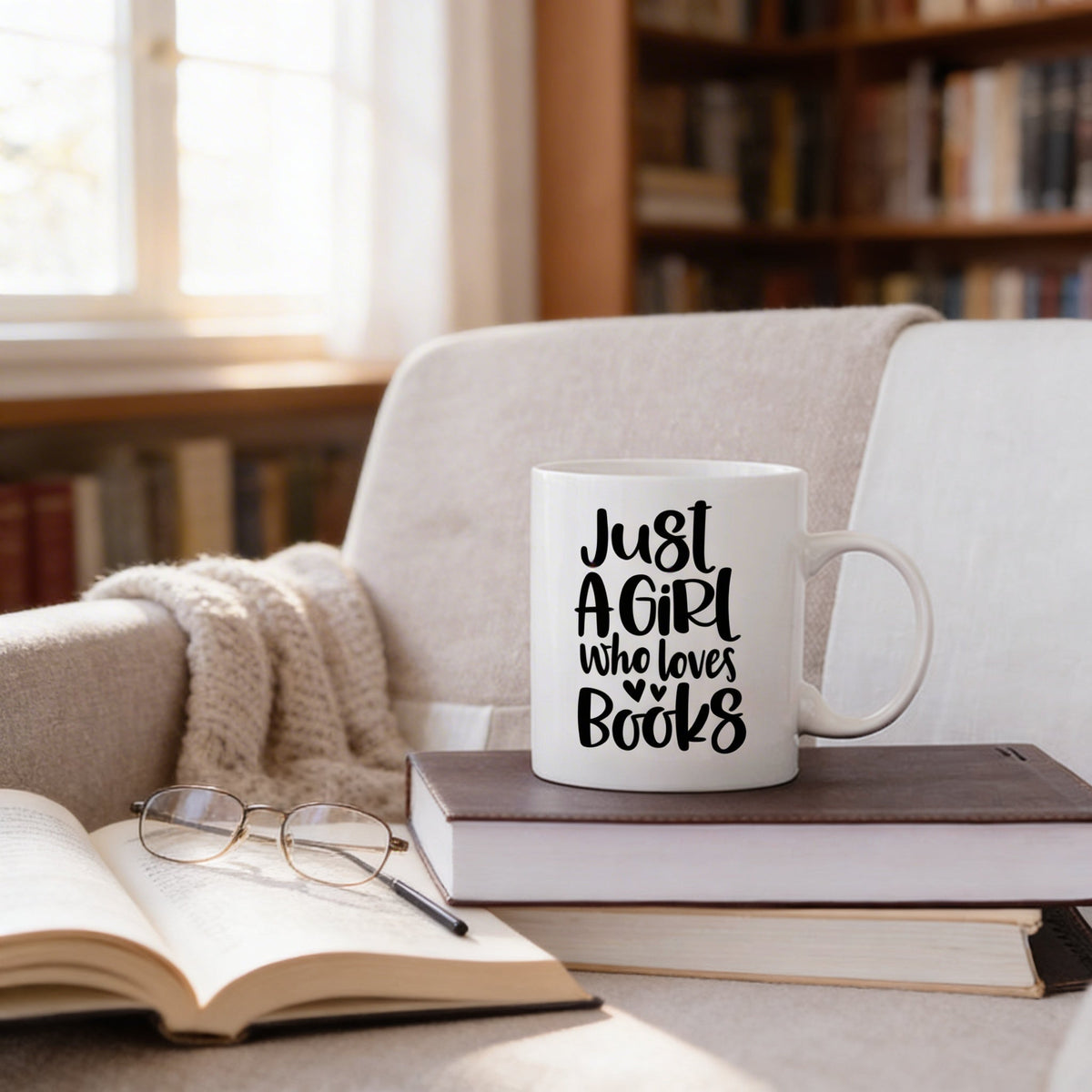 White ceramic coffee mug on book stack with "Just a Girl who loves Books" print
