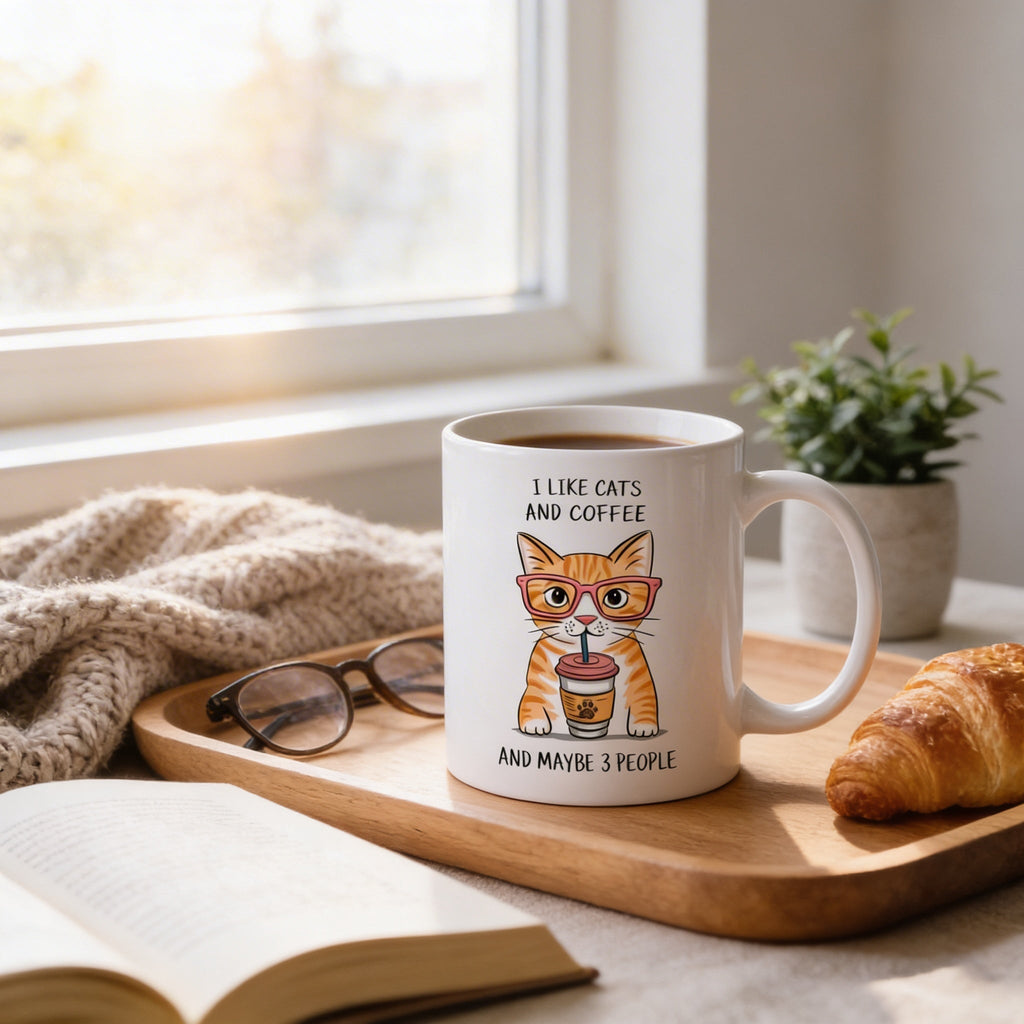 White ceramic mug with orange tabby cat coffee design on wooden tray
