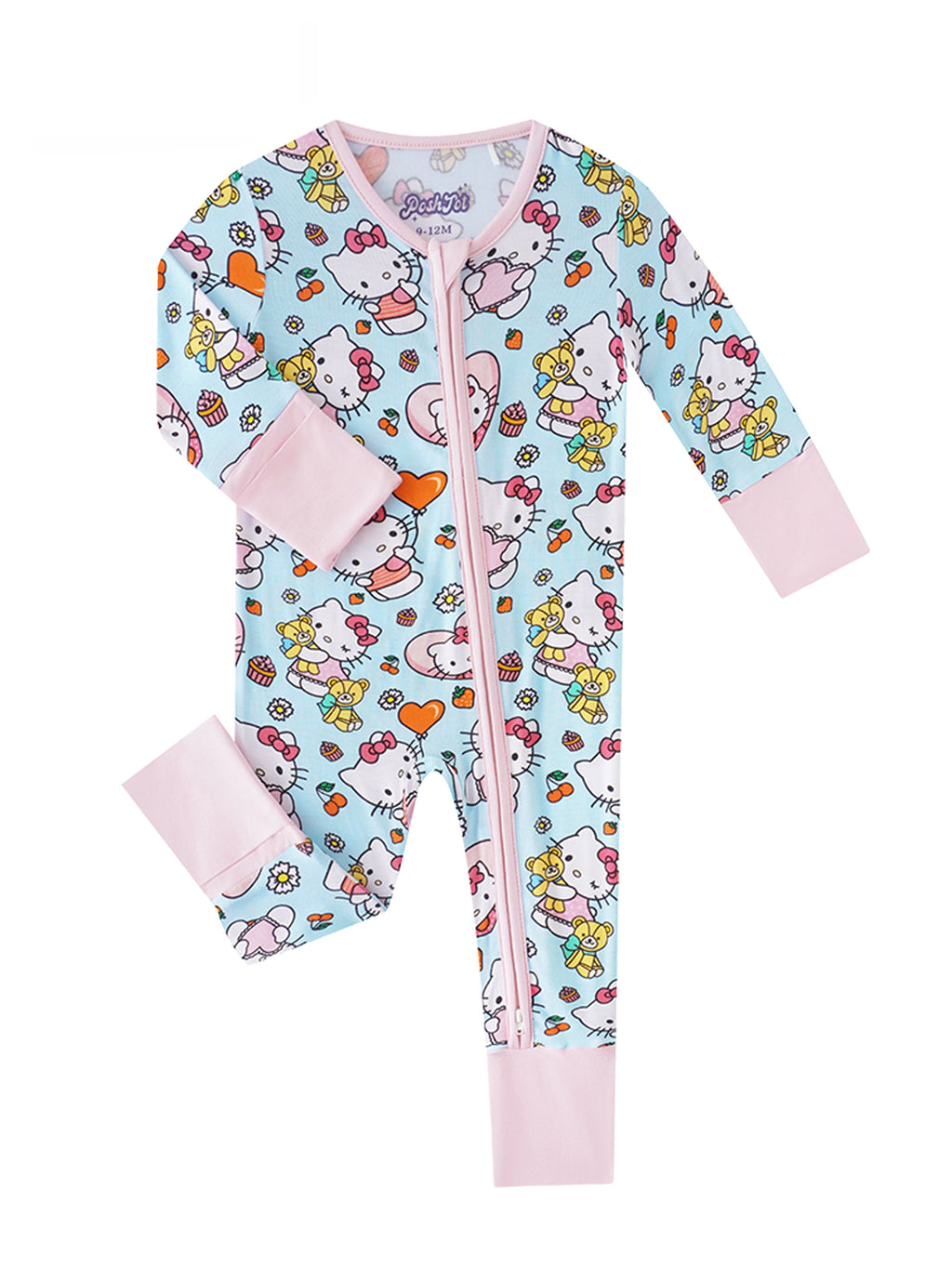 Bamboo baby romper pajama with pink Hello Kitty friends print and two-way zip
