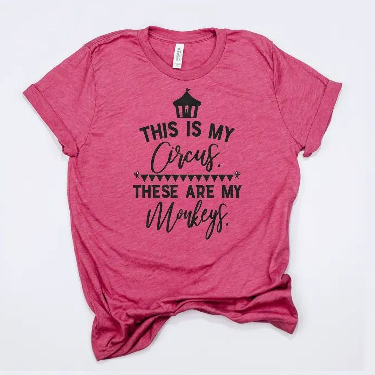Pink crew-neck T-shirt, flat lay, with circus and monkey quote graphic