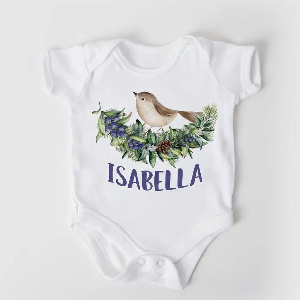 White short-sleeve baby bodysuit with bird on leafy wreath and 'ISABELLA' text