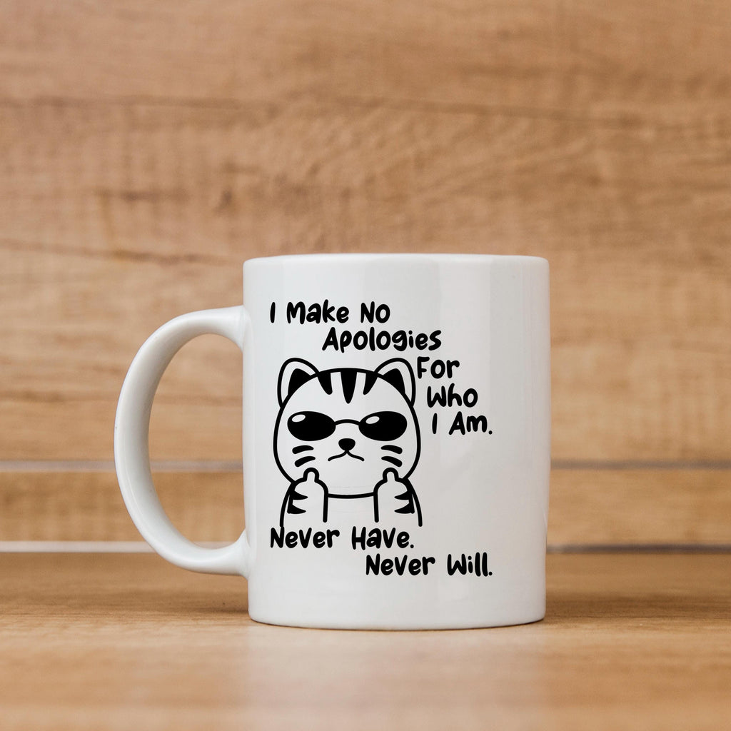 White ceramic coffee mug with black cat graphic and quote text “Never Have. Never Will.”