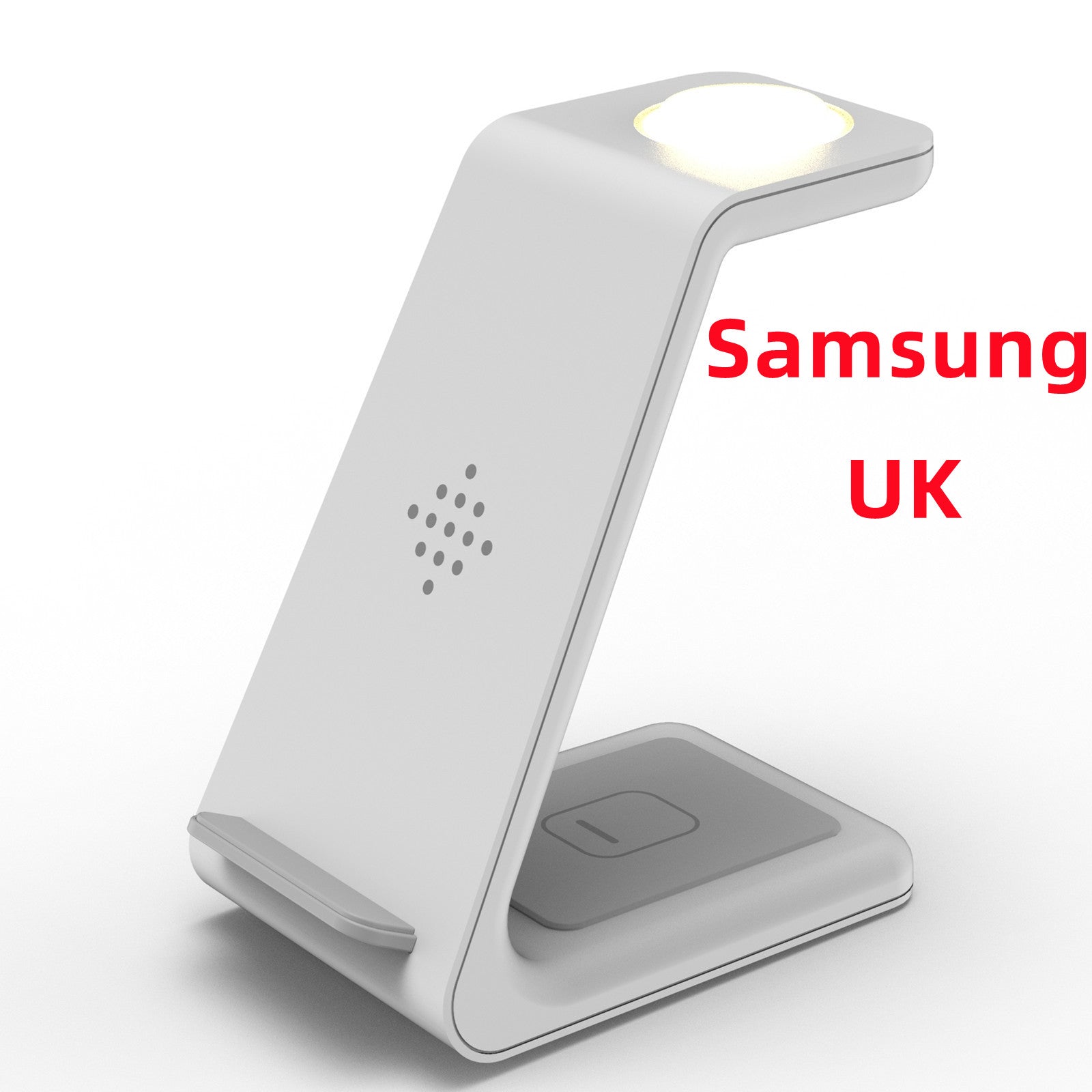 White wireless charging stand dock with phone cradle and dual charging pads, LED strip.