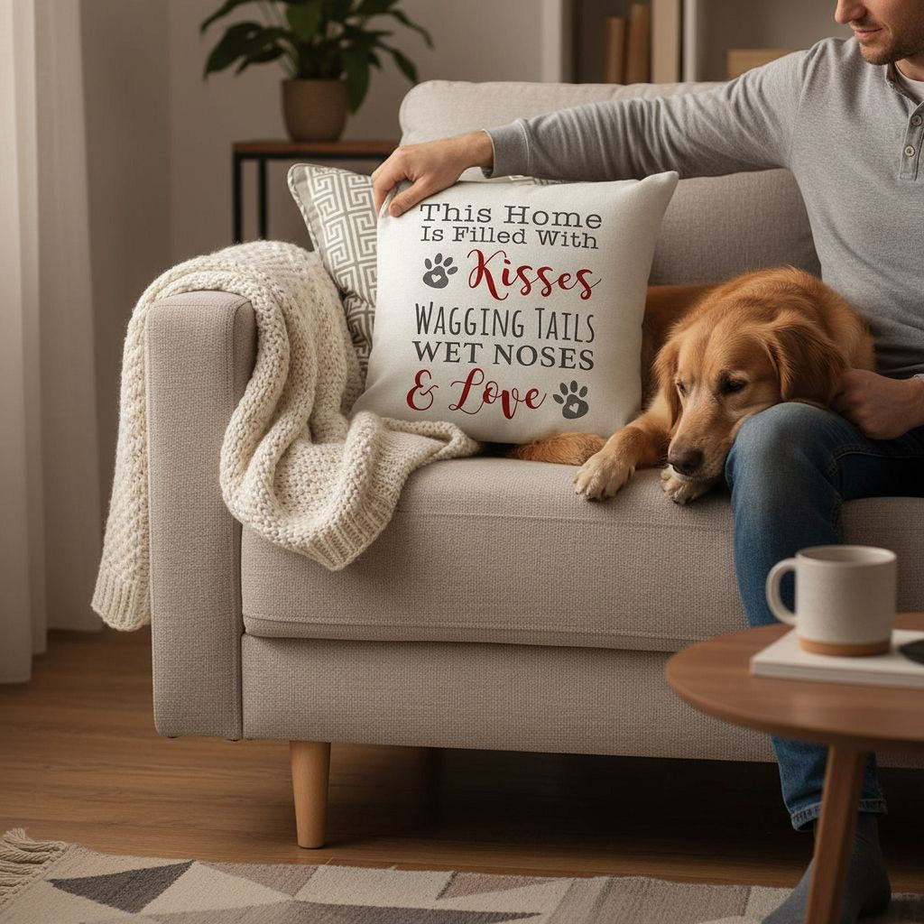 Beige dog pillow cover showing red and gray paw-print lettering on the front