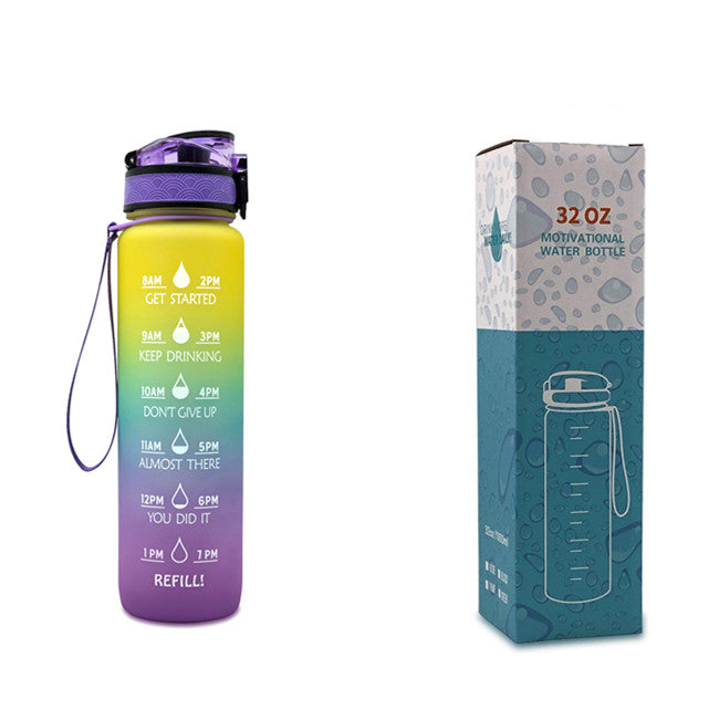 1L motivational time-marker water bottle with bounce cover, yellow-to-purple gradient, carry loop
