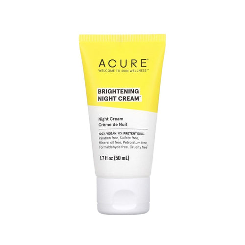 ACURE brightening night cream tube with yellow label, white squeeze bottle, 1.7 fl oz