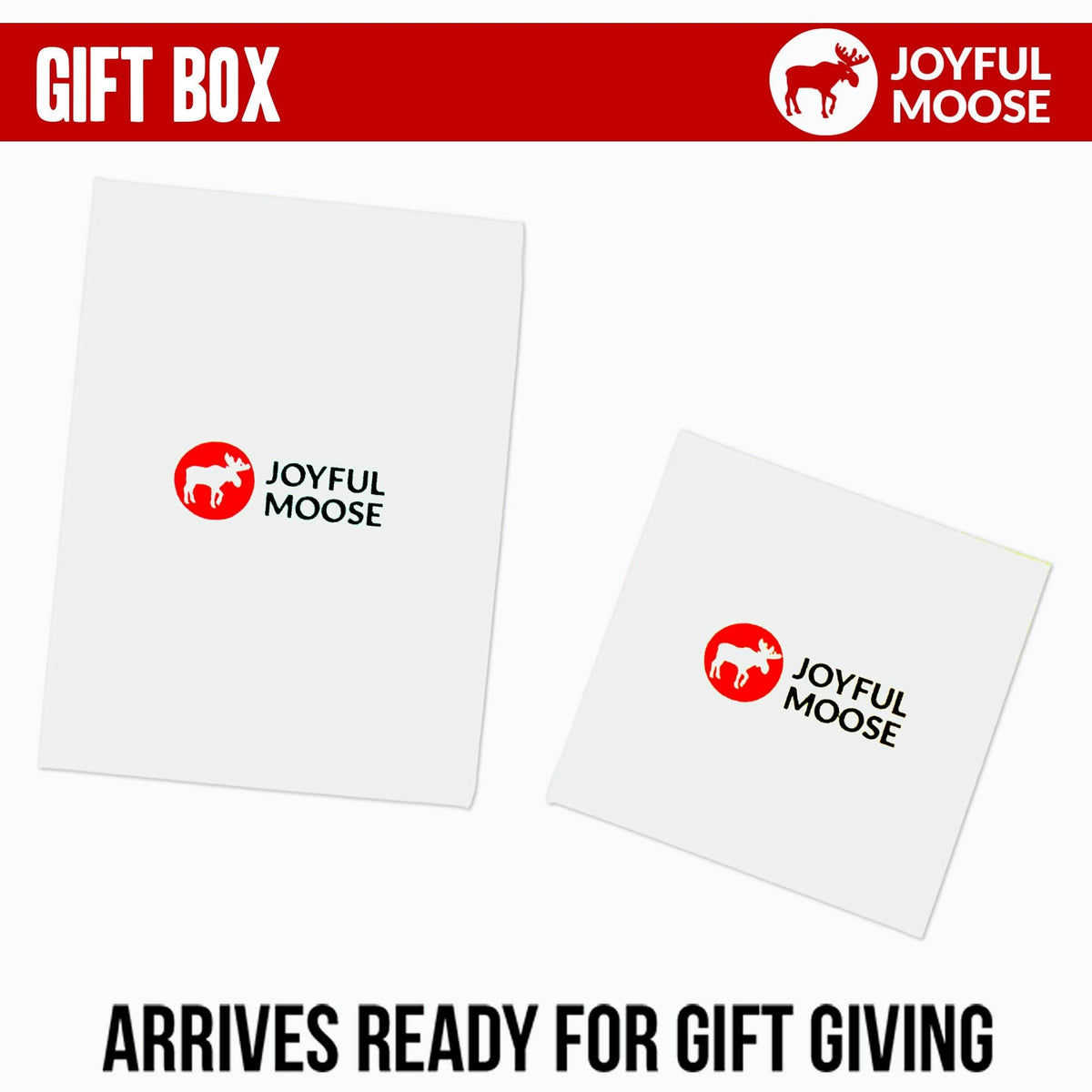 White Joyful Moose gift cards with logo, shown on a red gift box