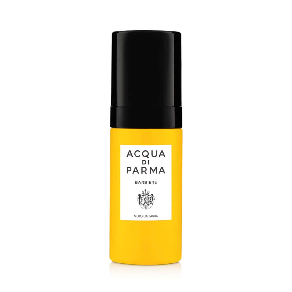 Acqua di Parma Barbiere beard serum bottle, black cap and amber-gold liquid