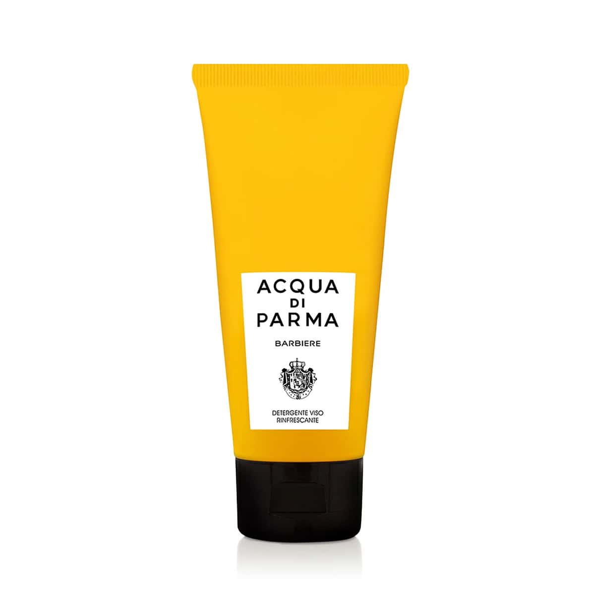 Yellow squeeze face wash tube with white Acqua di Parma Barbiere label