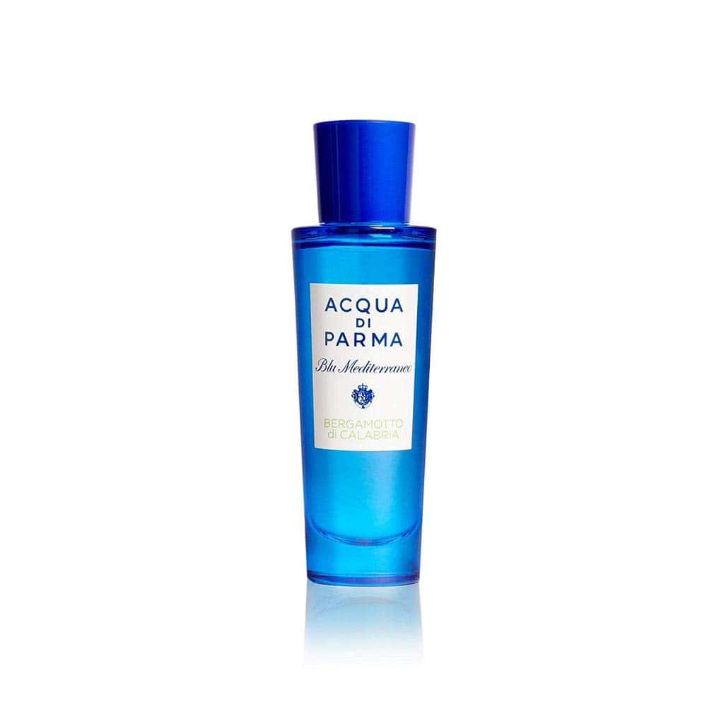 Acqua di Parma eau de toilette bottle with blue glass, white label, and blue cap