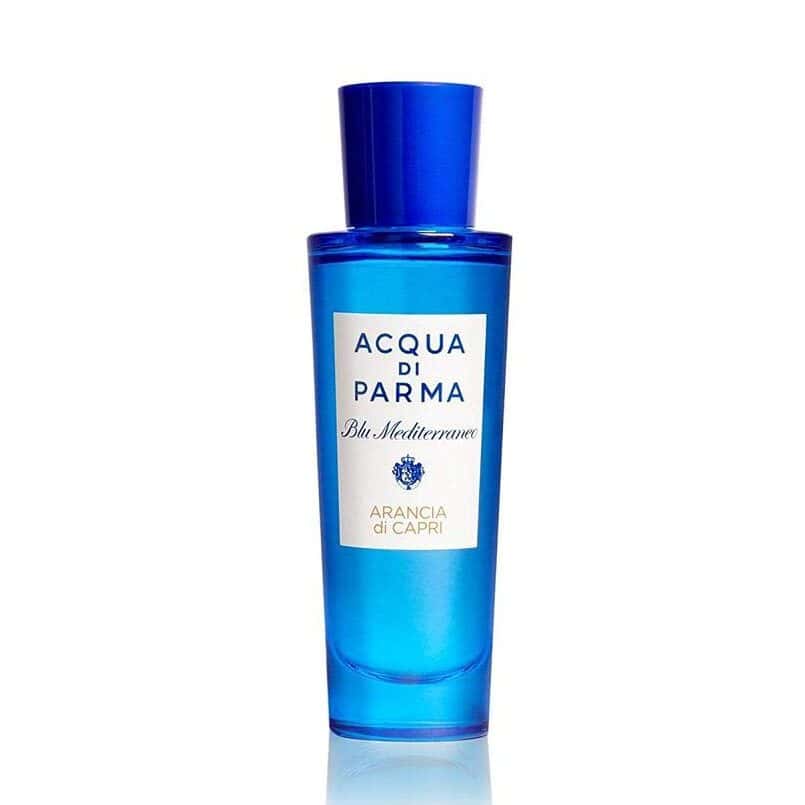 Blue eau de toilette bottle with Acqua di Parma label, Arancia di Capri