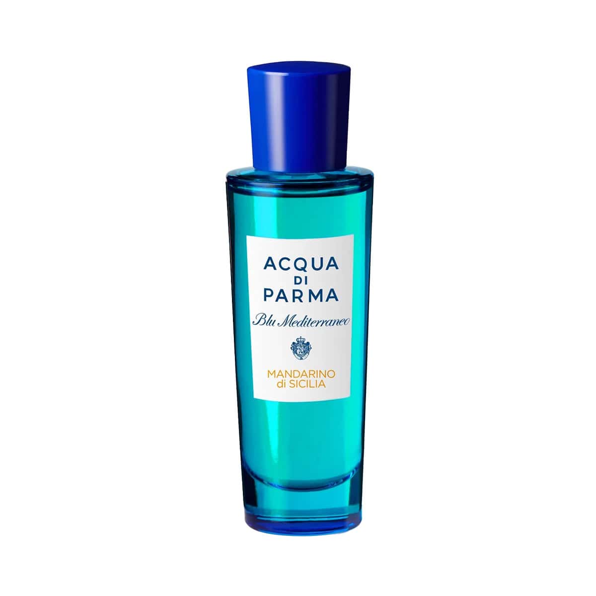 Acqua di Parma eau de toilette bottle with blue cap; teal glass shows Mandarino di Sicilia