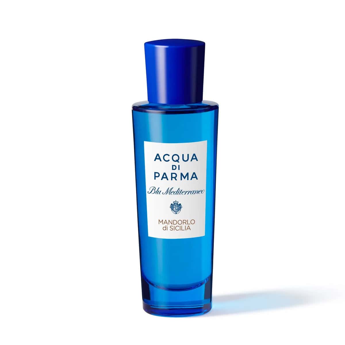 Blue eau de toilette bottle with dark blue cap, full label panel