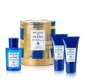 Blue skincare fragrance gift set with gold canister and three matching tubes