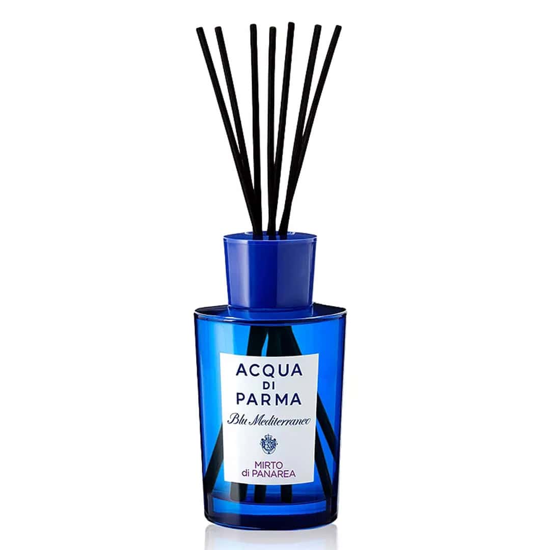 Acqua di Parma room diffuser, blue glass bottle with black reed sticks