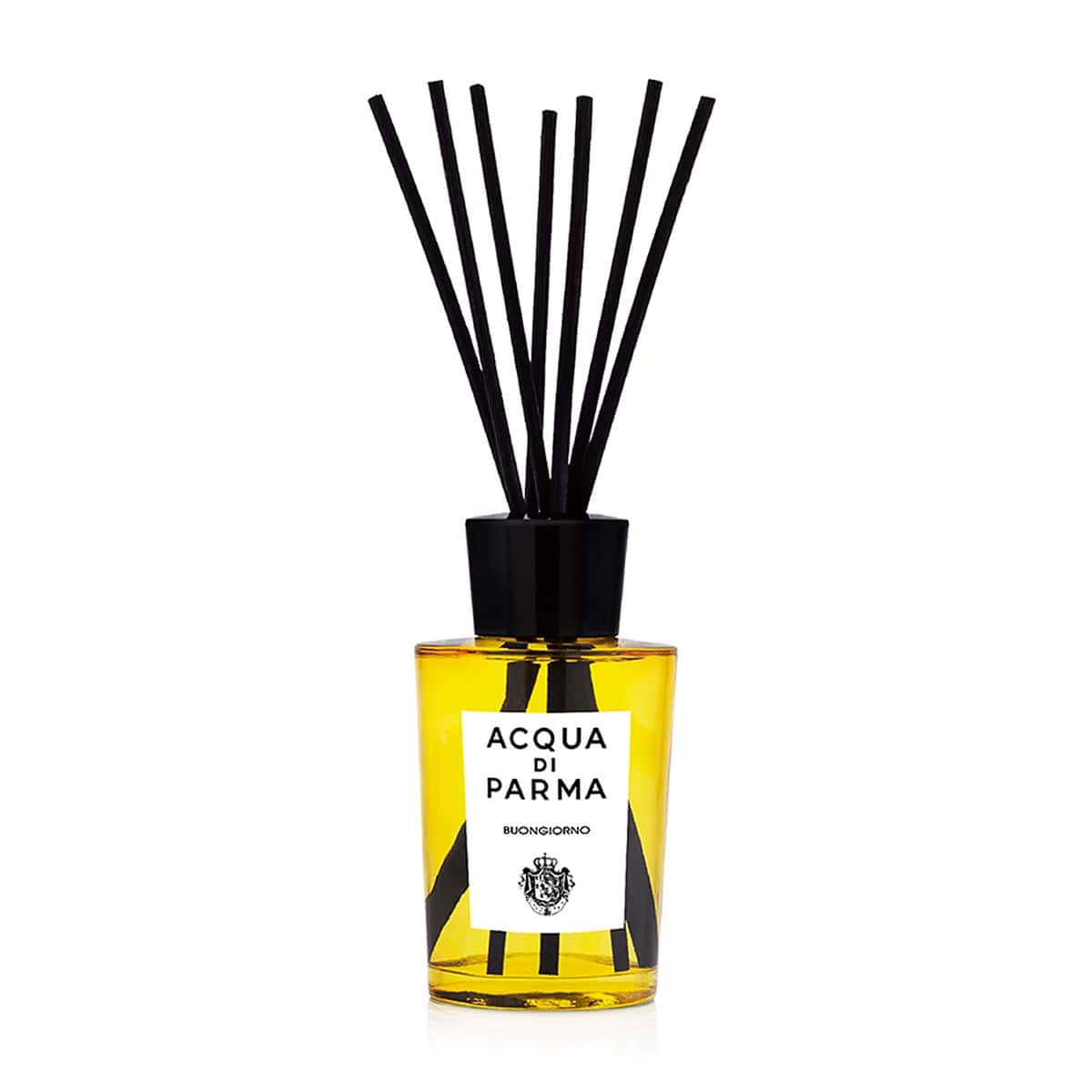 Amber glass room diffuser with black reeds and ACQUA DI PARMA label