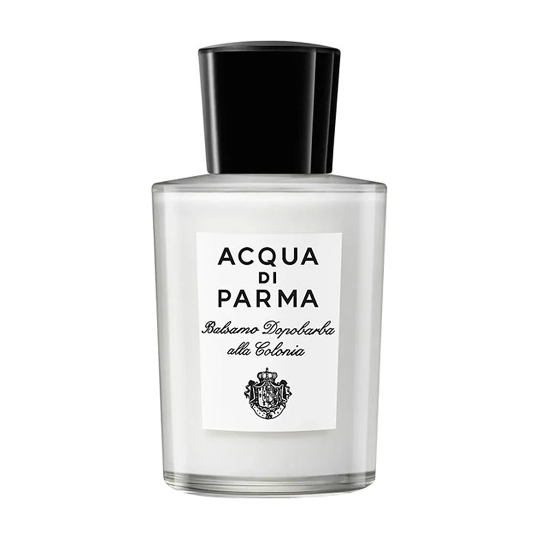Acqua di Parma after shave balm bottle, clear glass with black cap