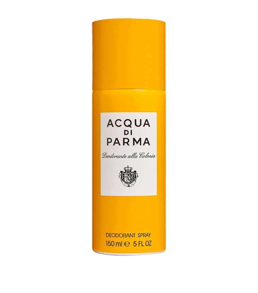 Acqua di Parma deodorant spray bottle, golden yellow cylinder with label