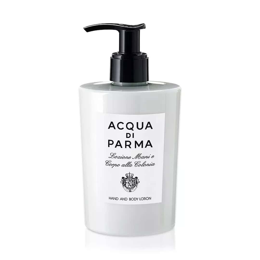 Acqua di Parma hand & body lotion bottle, white with black pump dispenser