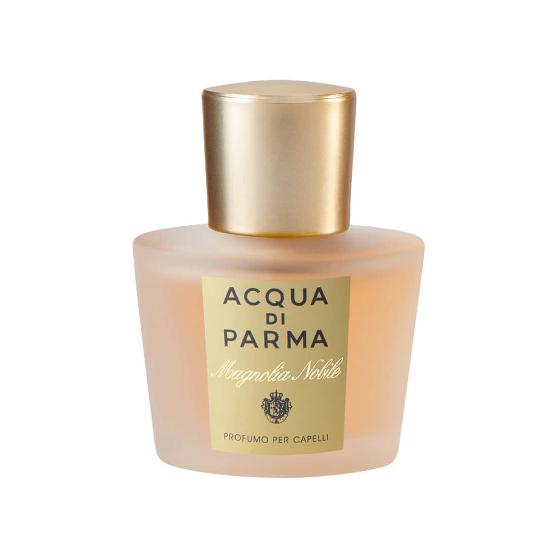 Hair mist bottle with gold cap and pale pink frosted bottle, ACQUA DI PARMA label