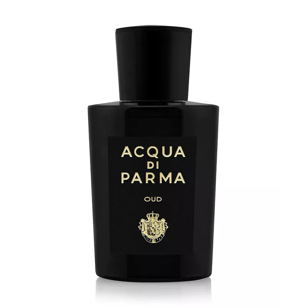 Acqua di Parma oud eau de parfum bottle with black cap and front label