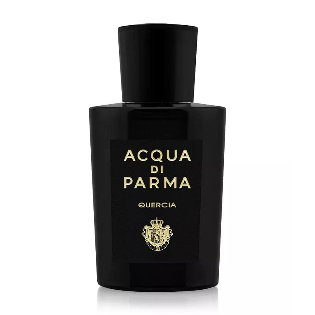 Acqua di Parma Quercia eau de parfum bottle, black glass, gold label