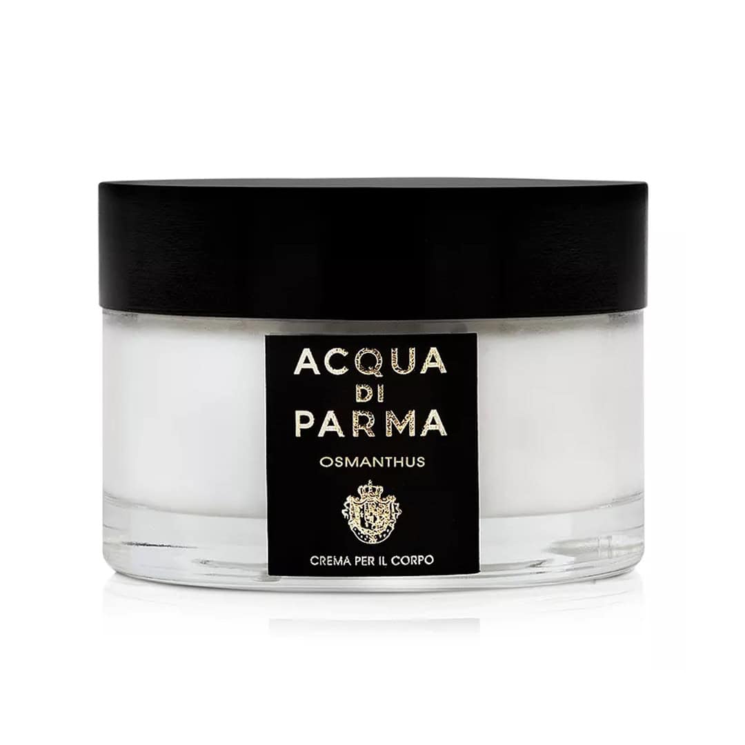 Body cream jar with black lid and Acqua di Parma label, white cream container