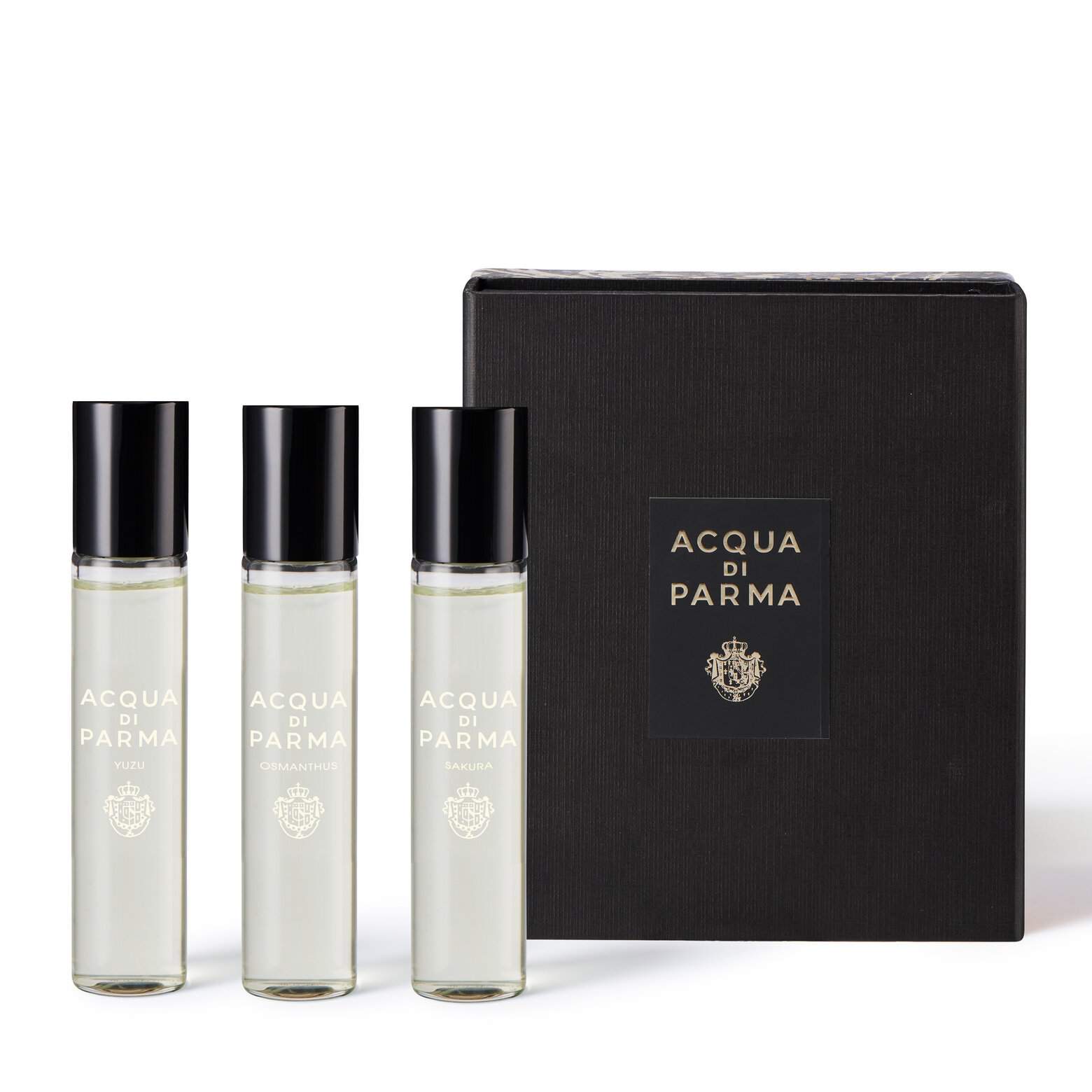 Acqua di Parma discovery set: three small perfume bottles with black presentation box