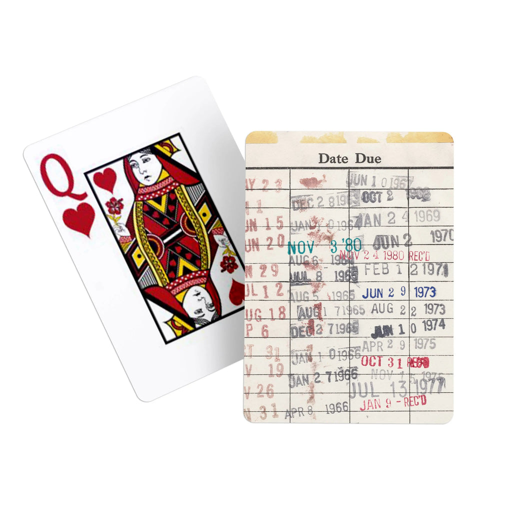 Deck of playing cards with library-themed date and heart suit card faces