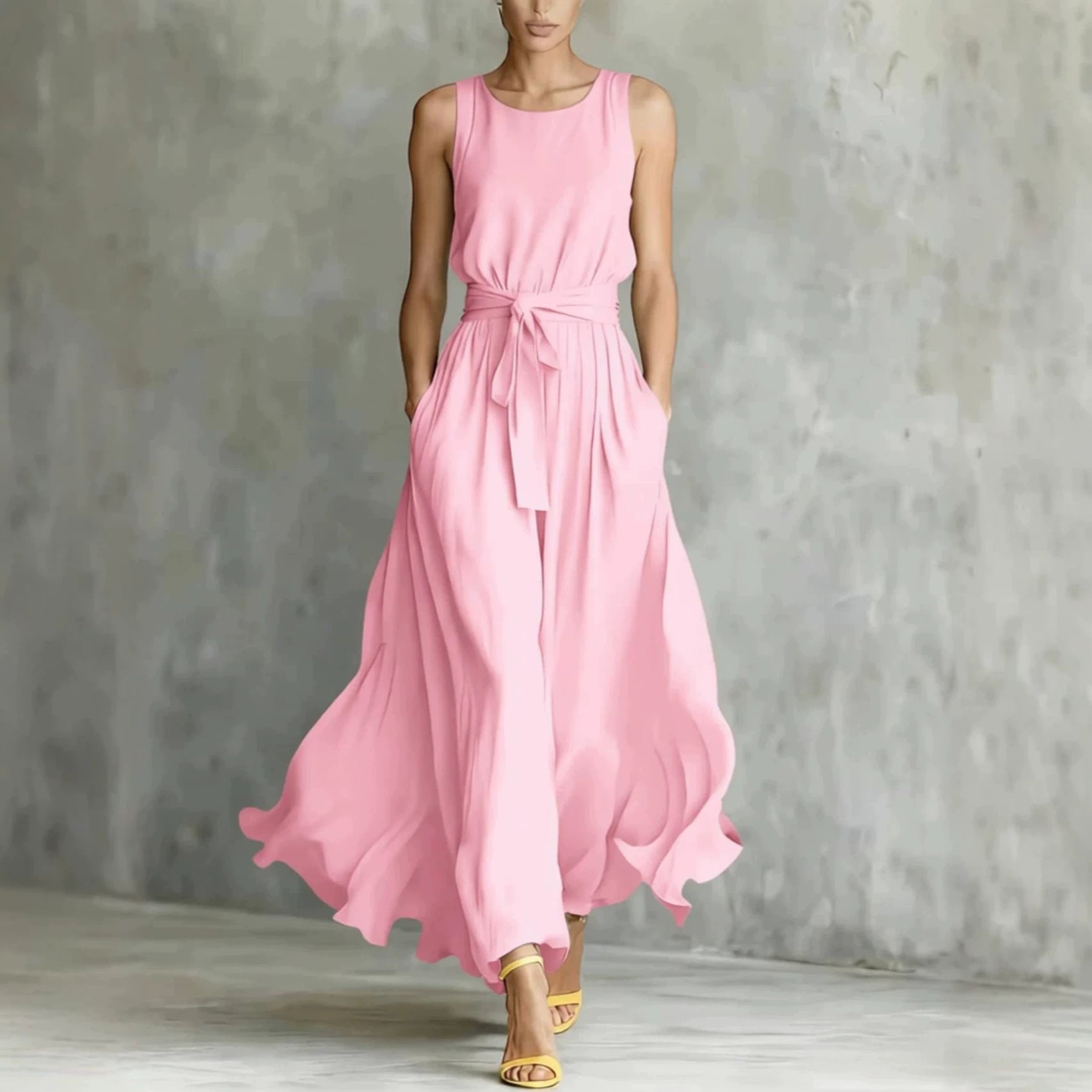 Women's pink sleeveless maxi dress with tied waist and flowing skirt