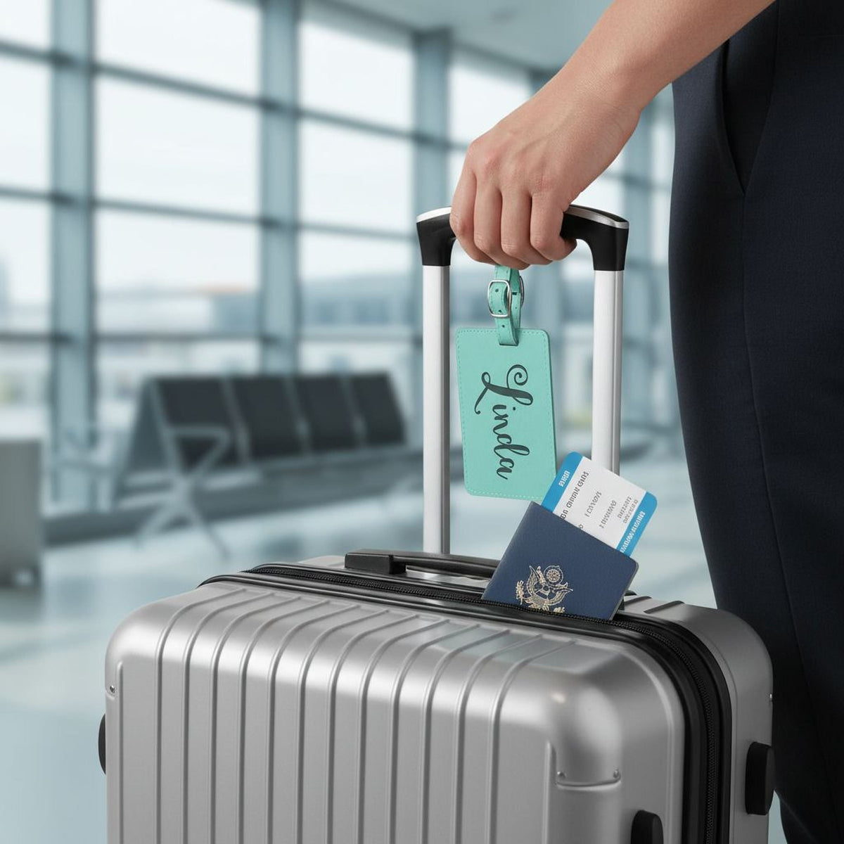 Mint leather luggage tag on suitcase top with engraved name Linda and card slot