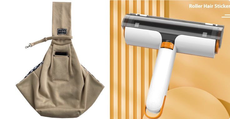 Pet hair roller brush with storage bag accessory, white handle and orange accents, black drum