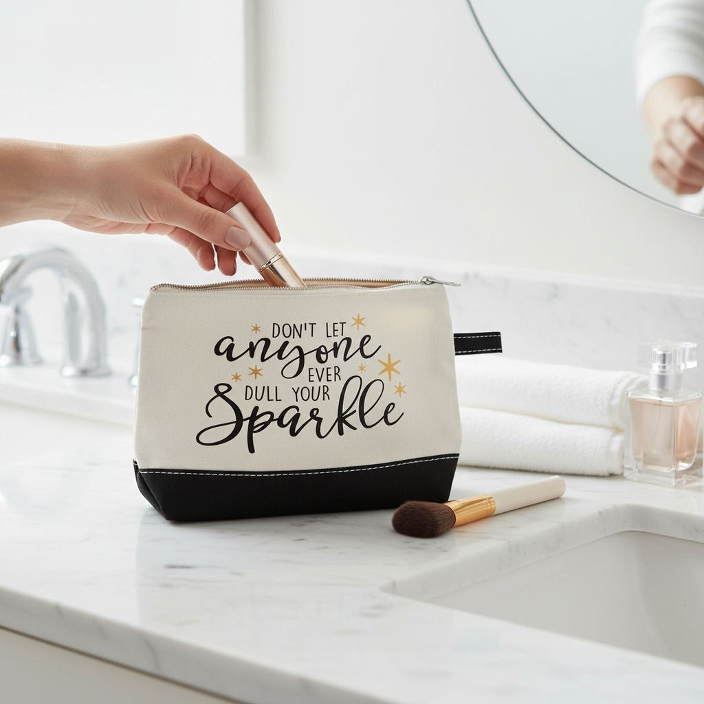 Beige canvas zippered pouch with black bottom and ring pull; 'anyone ... Sparkle' text.