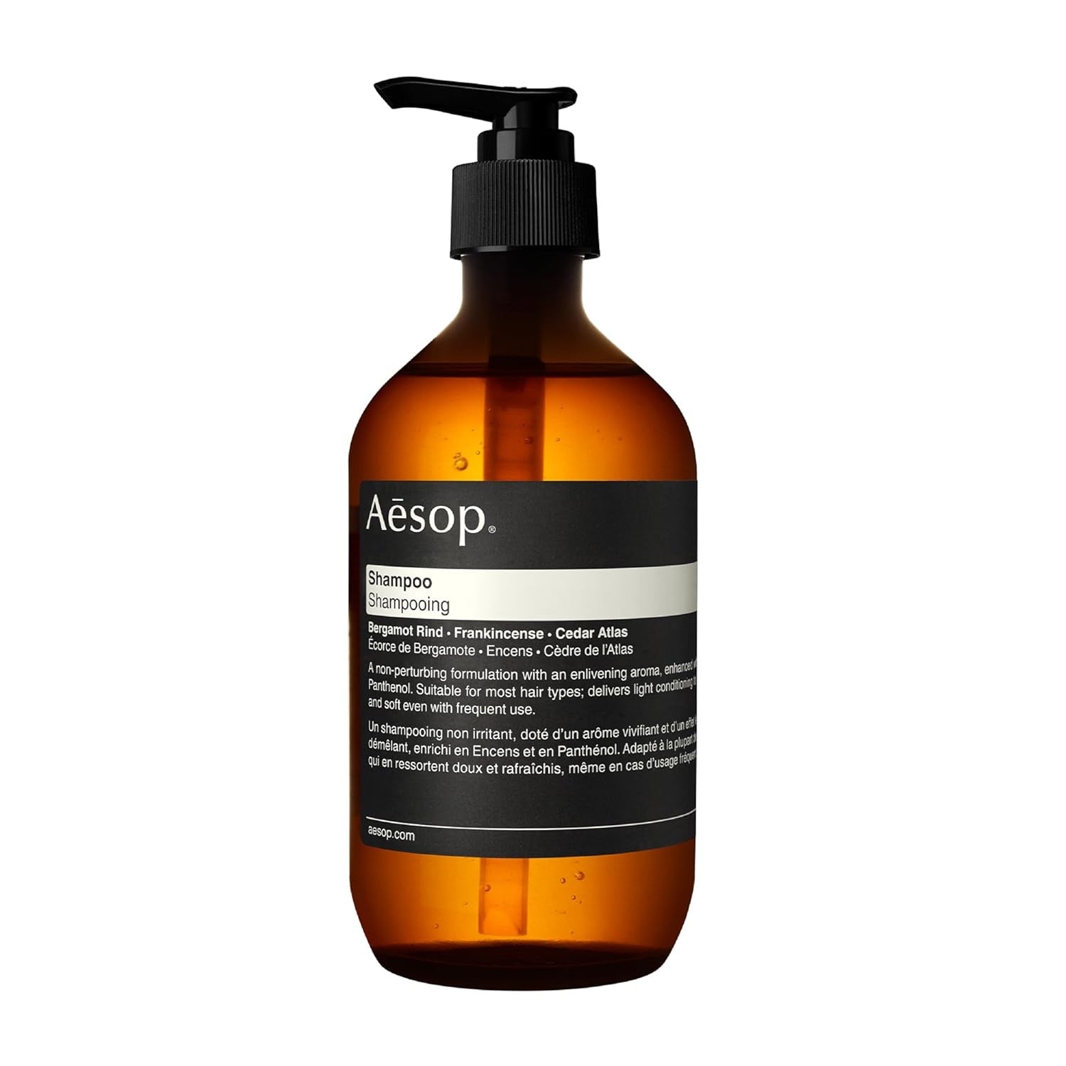 Aesop shampoo bottle with pump dispenser, amber bottle