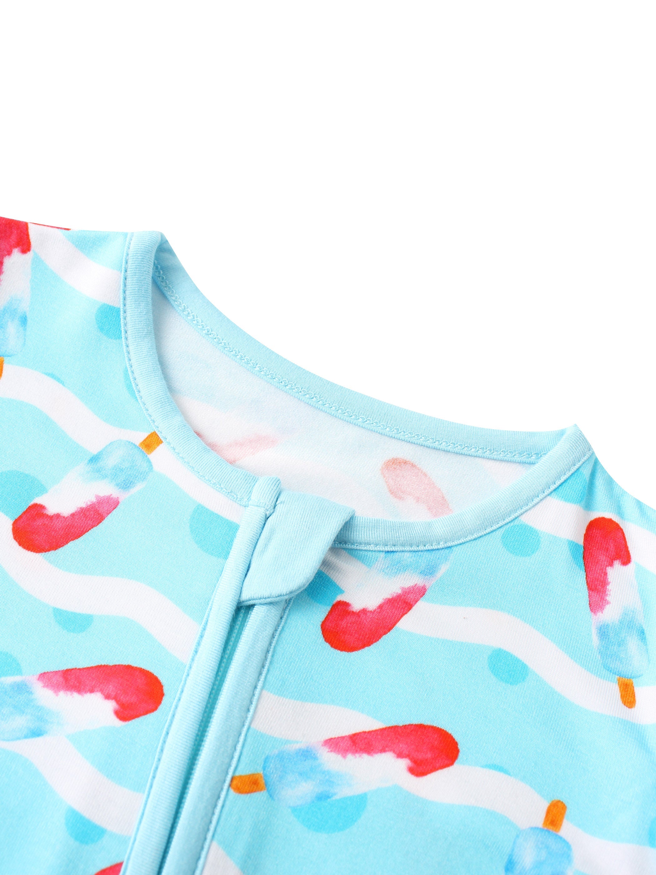 PoshTOT bamboo baby romper collar and zipper placket in light blue with ice cream print