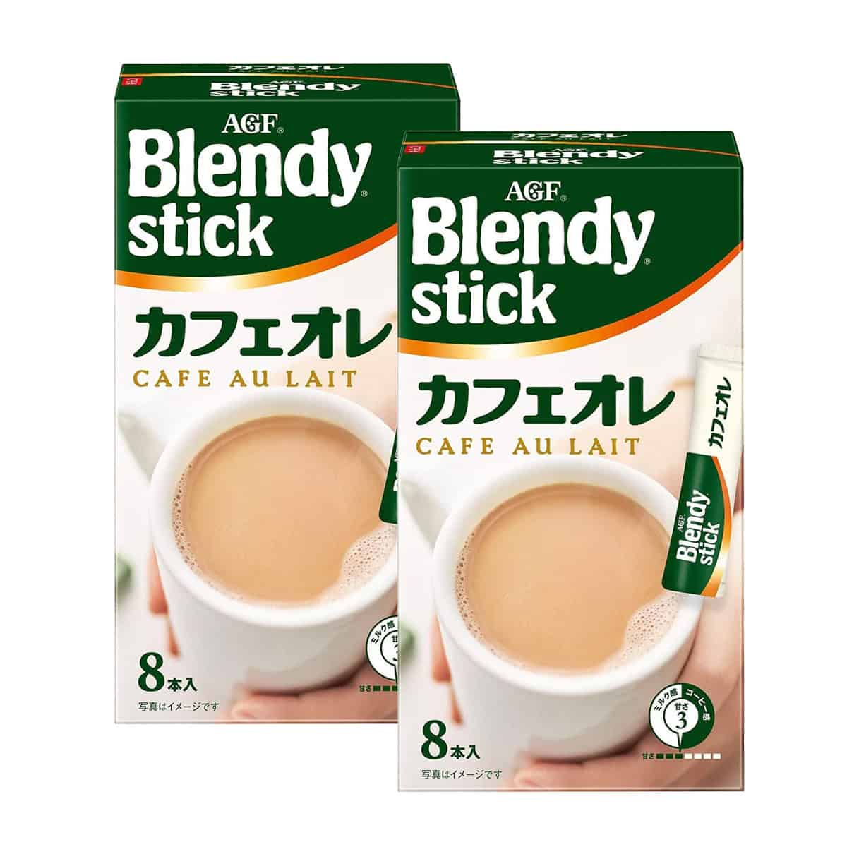 AGF Blendy stick cafe au lait instant coffee mix in two green stick boxes