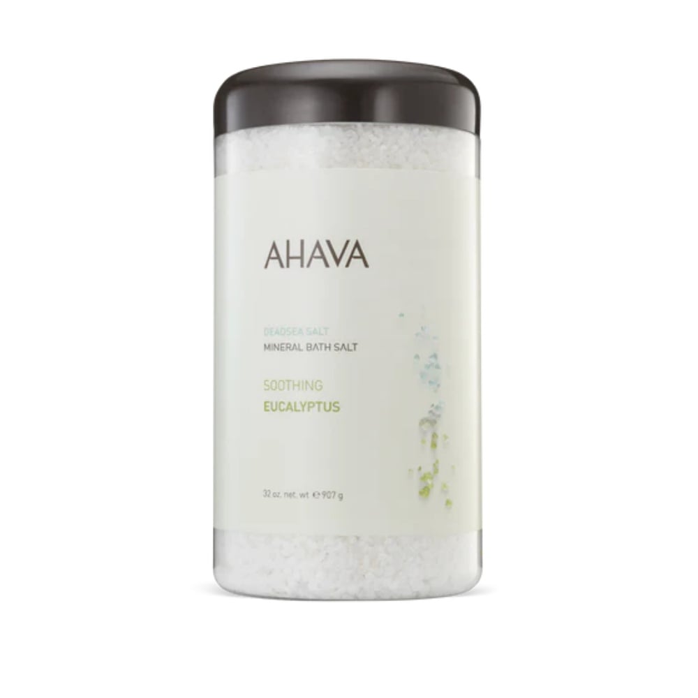 Ahava eucalyptus bath salt container with black lid and white cylindrical label