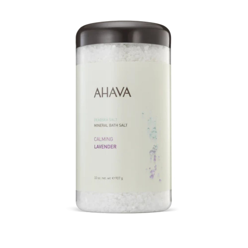 Ahava mineral bath salt container with lavender scent, 32 oz
