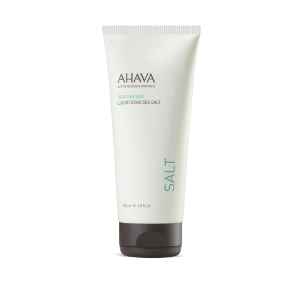 Liquid Dead Sea Salt tube, AHAVA brand, white squeeze bottle with teal text