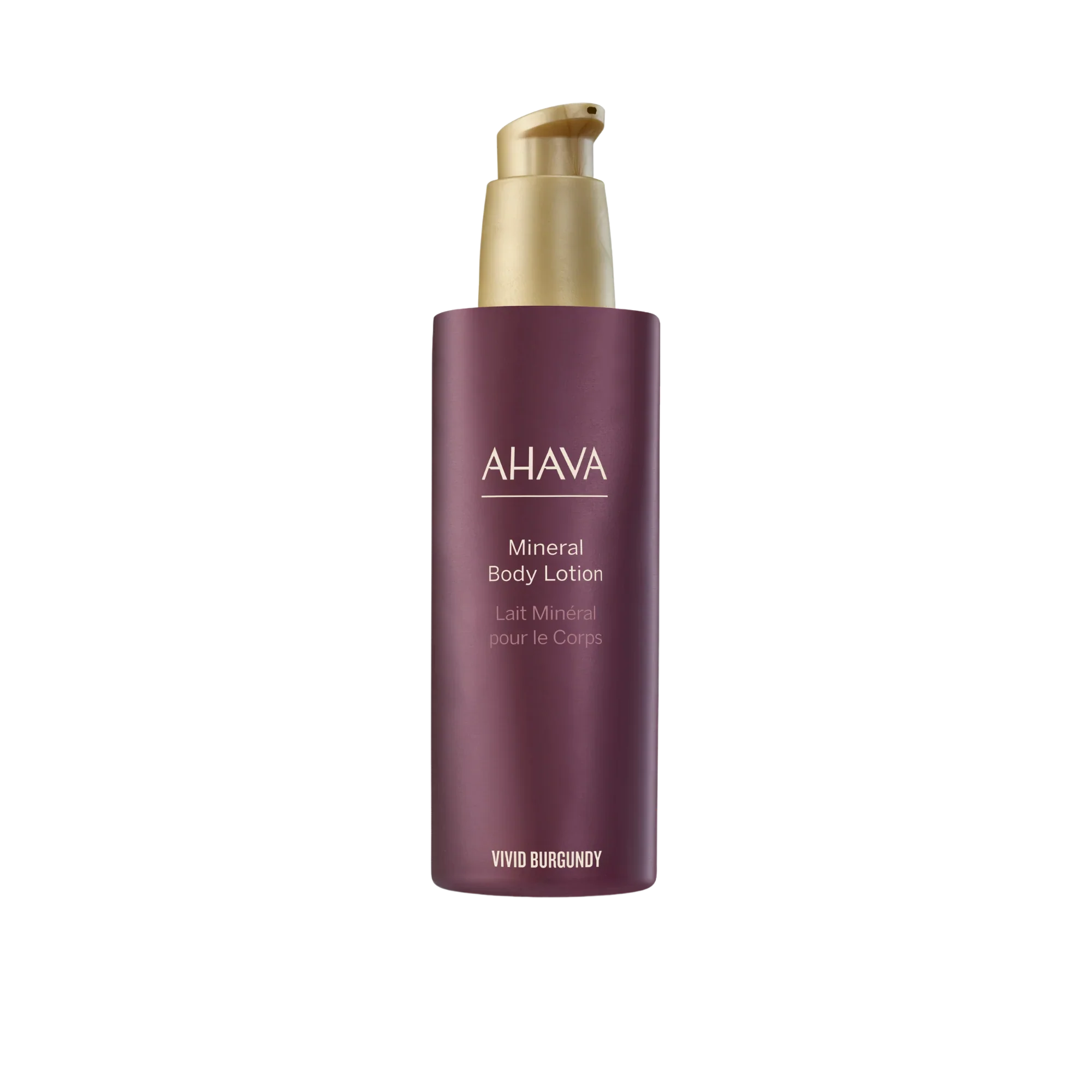 Ahava body lotion bottle, vivid burgundy, with gold pump cap