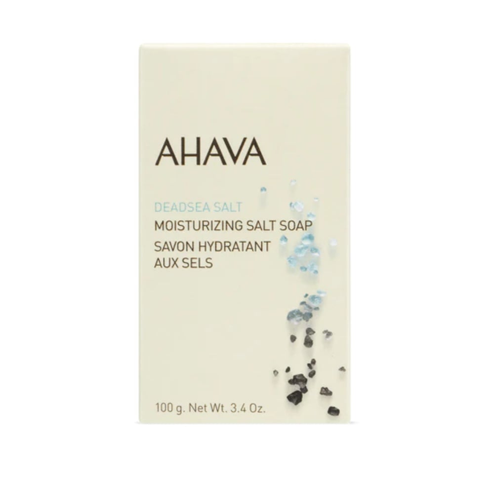 Ahava moisturizing Dead Sea salt soap bar, pale cream rectangle with AHAVA label
