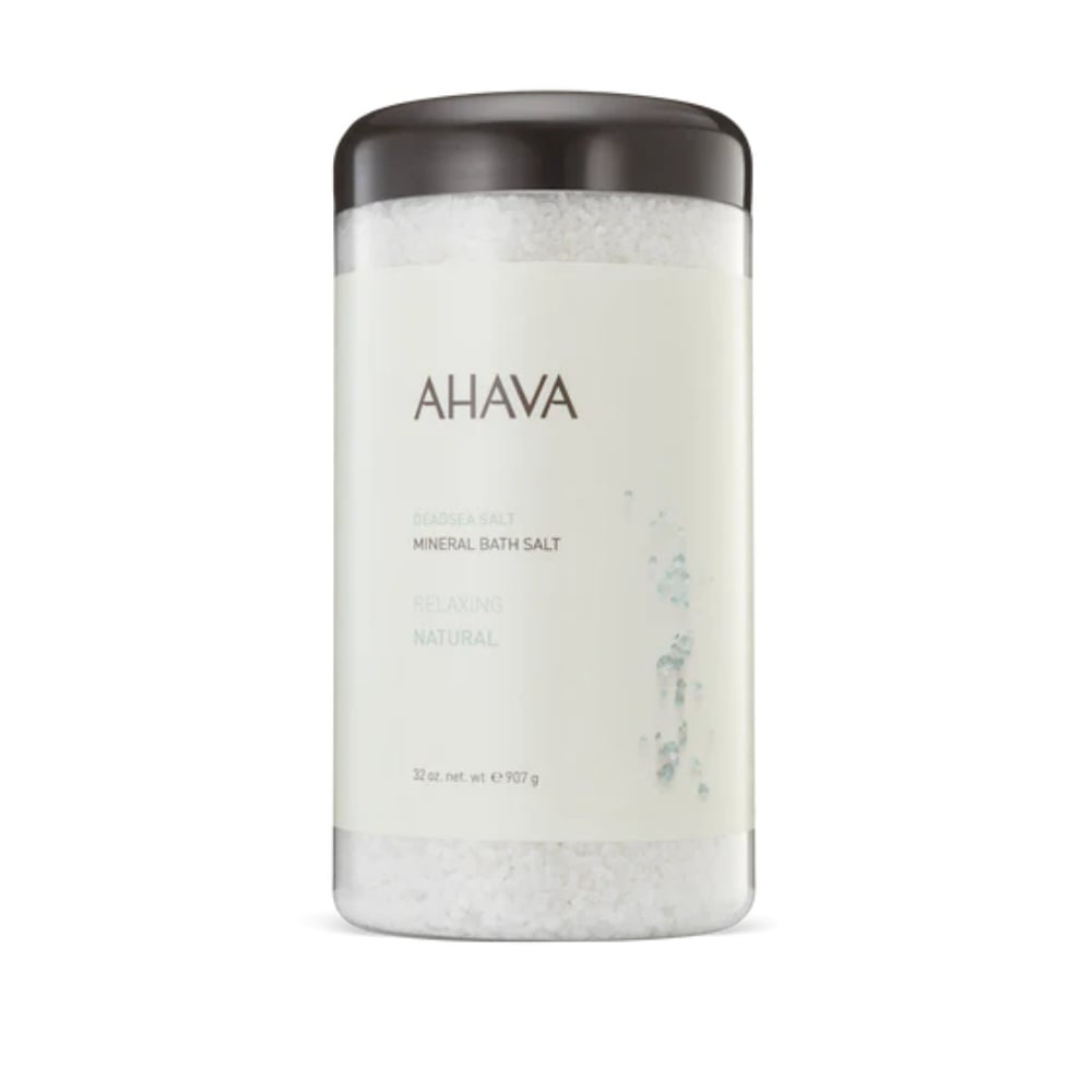 Ahava Natural Dead Sea bath salt jar with black lid and white label