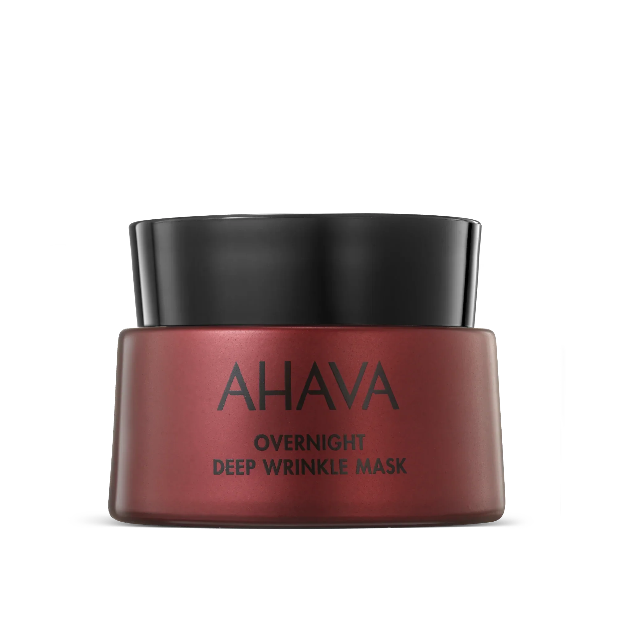 AHAVA Overnight Deep Wrinkle Mask jar with dark lid and red-brown cream container