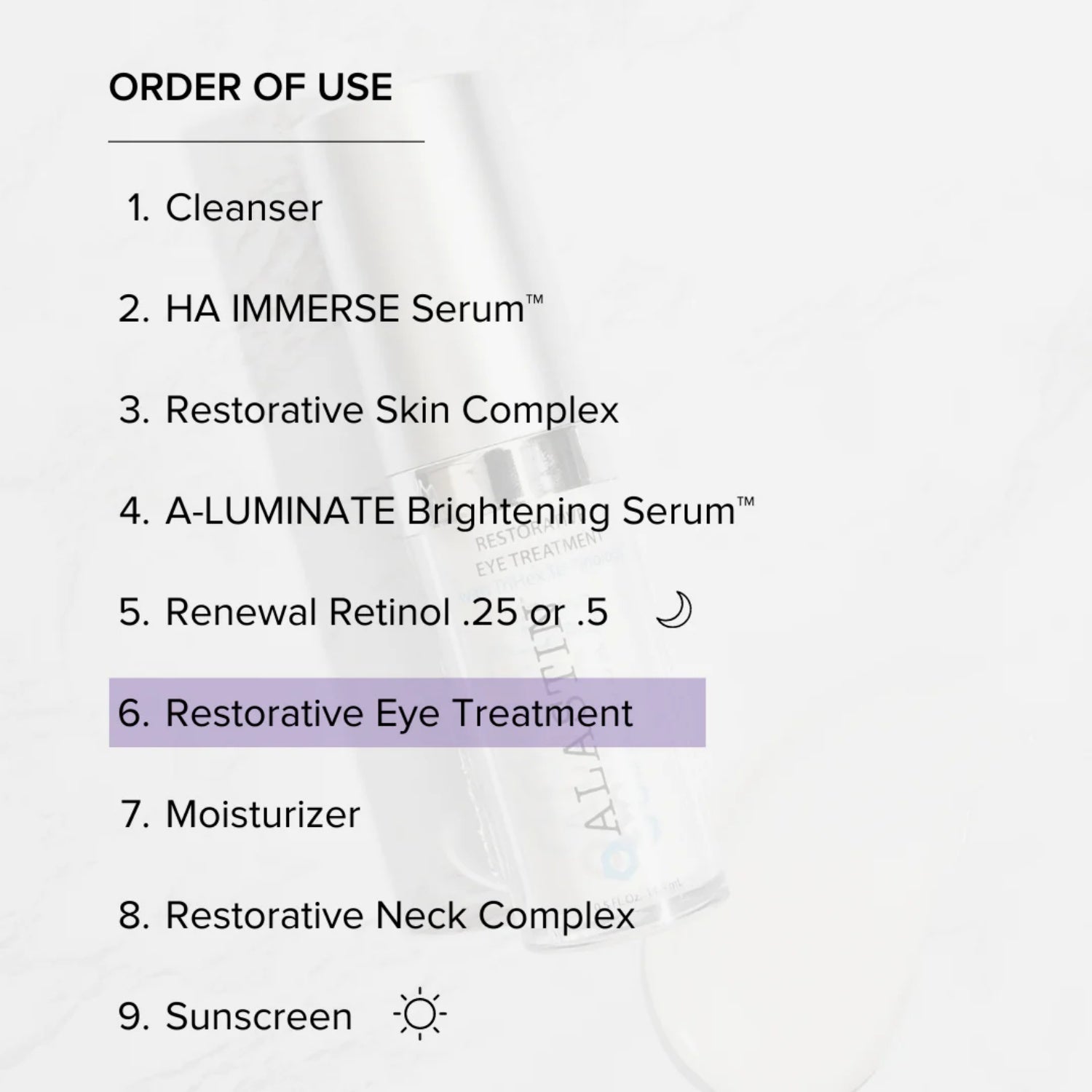 Eye treatment highlighted in order-of-use chart